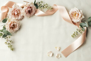 Beautiful blush pink roses elegant ribbon delicate white flowers and green leaves