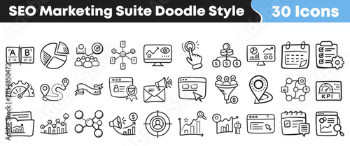 Set of thirty hand drawn seo marketing doodle style icons