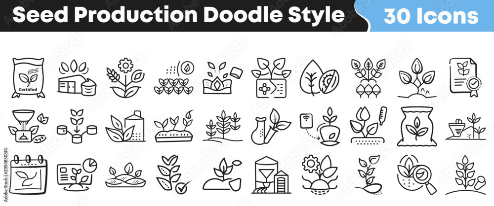 Fototapeta premium Set of thirty hand drawn doodle style seed production icons