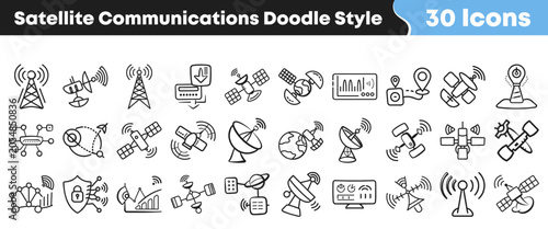 Quadro su tela Hand drawn collection of satellite communication icons in doodle style