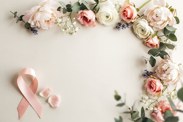 Pink awareness ribbon with beautiful light colored flowers and green leaves framing space