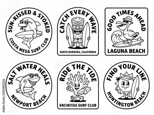 Collection of six black and white vintage style surfing stickers with cartoon characters and typography