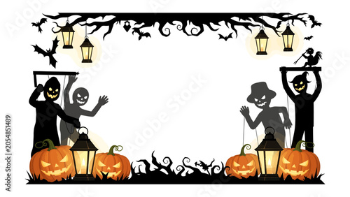 Принти на полотні Spooky Halloween Frame: A festive and spooky Halloween frame featuring carved pumpkins, eerie lanterns, bats, and silhouettes of ghoulish figures, perfect for invitations or decorations