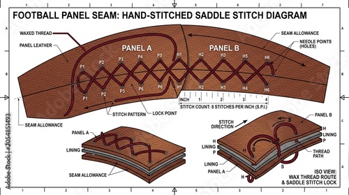 Precise technical sewing pattern layout diagram graphing assembly stitching parameters of hexagonal leather panels