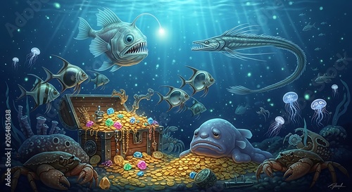 Underwater scene with treasure chest and various fish characters