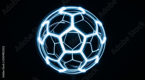 Photorealistic digital simulation display panel framing a glowing futuristic matrix data wireframe soccer ball