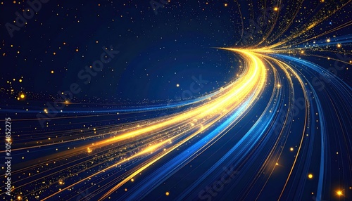 Golden streaks of light curve in a dark blue expanse, resembling a futuristic road or a data stream