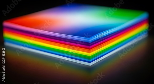 Vibrant stack of colorful transparent acrylic sheets with glowing neon edges