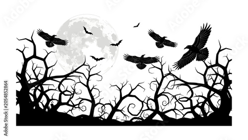 Photos Crows Silhouetted Against Moonlit Sky: A flock of crows takes flight against a full moon and silhouetted gnarled trees