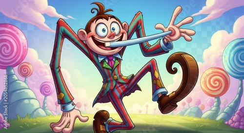 Whimsical Cartoon Monkey Musician Playing Flute in Candy Forest.