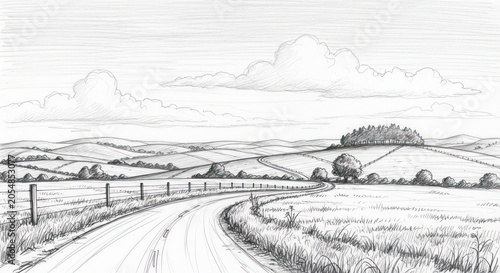 Winding Dirt Road Through Rolling Hills in Rural Sketch.