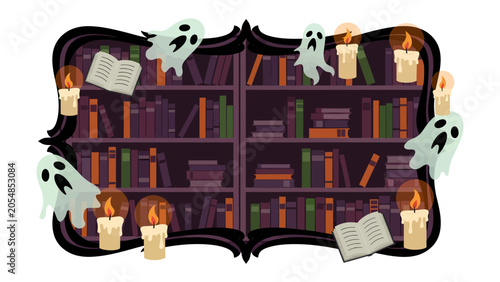 Schilderij op canvas Haunted Library Shelf: A spooky, decorative bookshelf filled with books, adorned with whimsical ghosts and flickering candles, evoking a mysterious and enchanting Halloween atmosphere