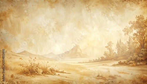 Vintage Landscape Painting with Hazy Mountains and Trees.