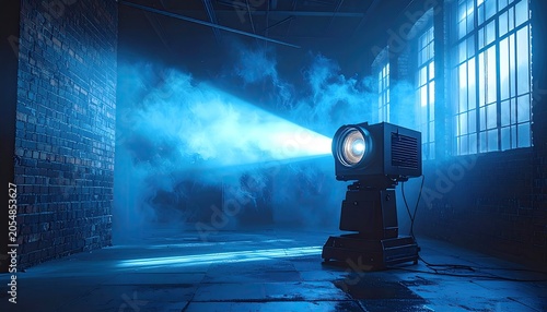 Vintage Projector Emitting Blue Light Beam in Smoky Industrial Room.