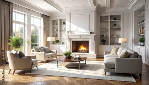 Elegant Living Room with Fireplace and Natural Light.