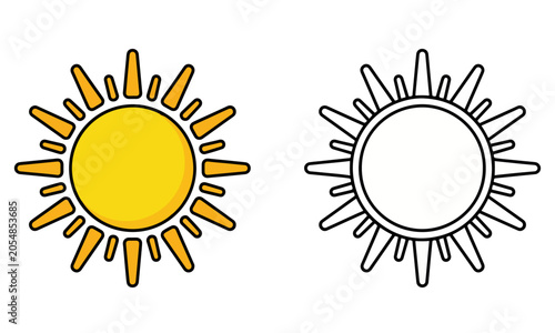 Sun Flat Style Vector Illustration Set with Colored and Outline Design on Transparent Background