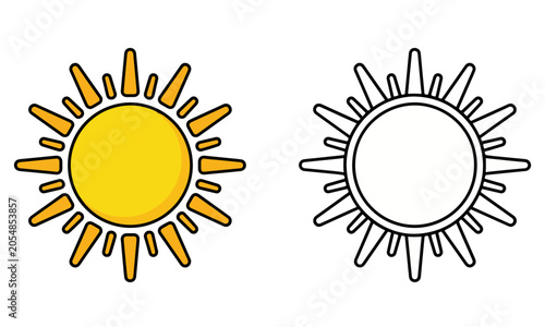 Sun Flat Style Vector Illustration Set with Colored and Outline Design on Transparent Background