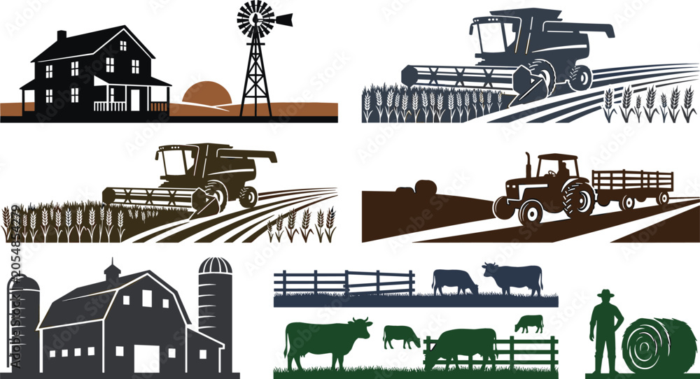 Obraz premium Agriculture and farming vector silhouette set featuring farmhouse barn tractor combine harvester wheat fields livestock cows and ranch windmill landscape