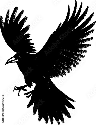 flying raven silhouette in traditional ink wash style