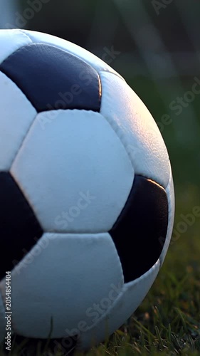 Vertical 9:16 cinematic zoom into a soccer ball on green grass at evening. Blurred goal net and dramatic stadium lights background