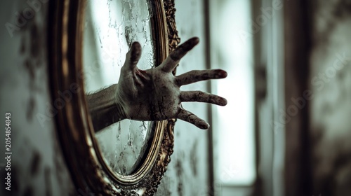 Hand reaching through ornate mirror