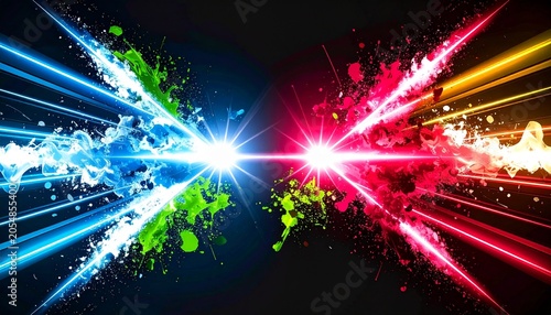 Colorful abstract explosion of light beams and neon paint splatters