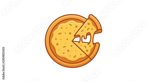 Photos A cartoon illustration of a cheesy pizza pie with one slice being pulled away