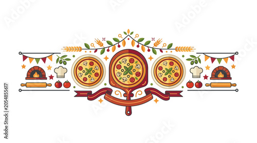 Decorative pizza themed illustration with chef hats and kitchen tools.