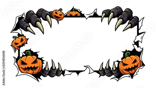Foto Spooky Halloween Border: A menacing creature's claws tear through a surface, revealing glowing jack-o'-lanterns and hinting at the frightful fun of Halloween