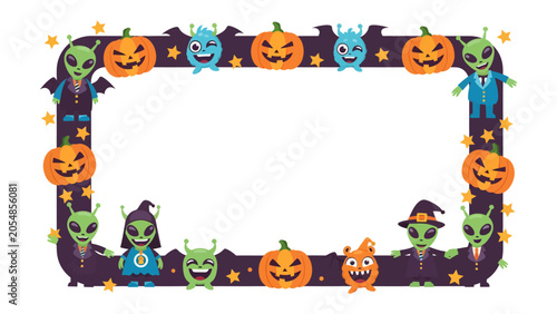 Photos Spooky Halloween Border: A festive and playful Halloween-themed border featuring cute aliens, jack-o'-lanterns, and stars, perfect for invitations, decorations, or party designs
