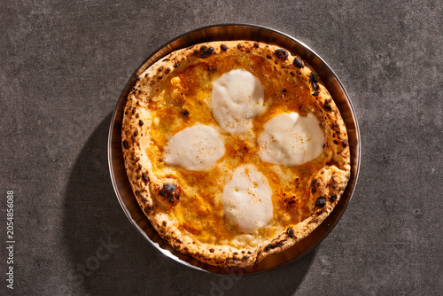 Bild auf Leinwand Gourmet Wood Fired Neapolitan Pizza with Fresh Burrata Cheese on Metal Pan