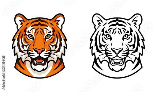 Tiger Face Flat Style Vector Illustration Set with Colored and Outline Design on Transparent Background