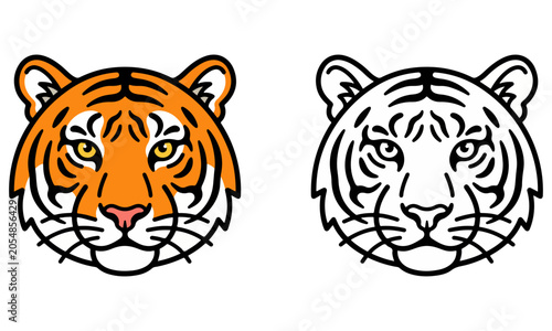 Tiger Face Flat Style Vector Illustration Set with Colored and Outline Design on Transparent Background