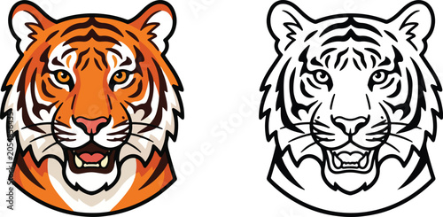 Tiger Face Flat Style Vector Illustration Set with Colored and Outline Design on Transparent Background