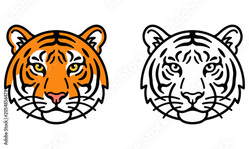 Tiger Face Flat Style Vector Illustration Set with Colored and Outline Design on Transparent Background