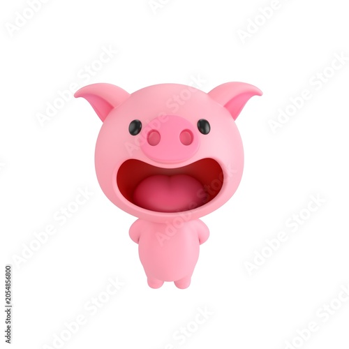Cute 3D render Pig character standing with hands behind the back, looking up at the camera with a calm and polite pose, isolated on white background.