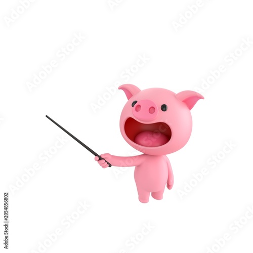 Cute 3D render Pig character holding a pointing stick and gesturing to the side, looking upward with a confident and instructive pose, isolated on white background.