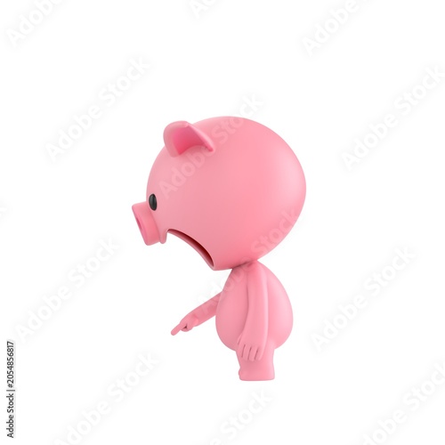 Cute 3D render Pig character turned sideways to the camera, pointing down at the ground in front, indicating focus or attention, isolated on white background.