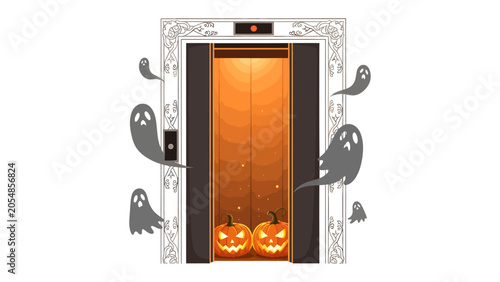 Fotografie Spooky Elevator Ride: A haunted elevator adorned with spooky ghost decorations and jack-o'-lanterns, ready for a terrifying Halloween descent