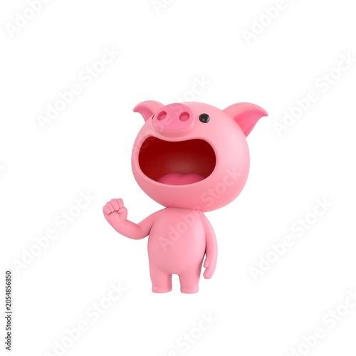 Cute 3D render Pig character raising one fist with confidence, head held high and looking upward, strong and determined pose, isolated on white background.