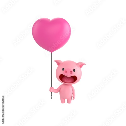 Cute 3D render Pig character standing and holding a heart-shaped balloon, sweet and affectionate pose, isolated on white background.