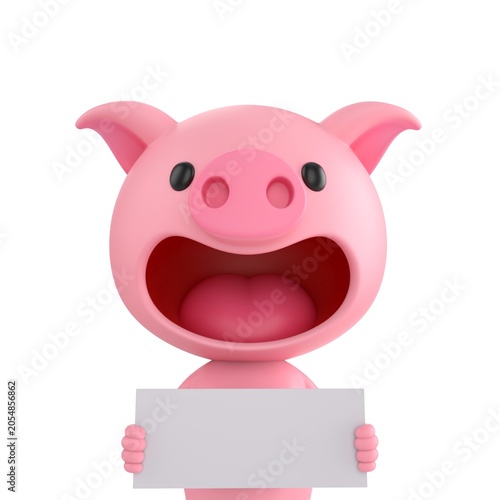 Cute 3D render Pig character standing and holding a small blank white sign, neutral and versatile pose for messages or announcements, isolated on white background.