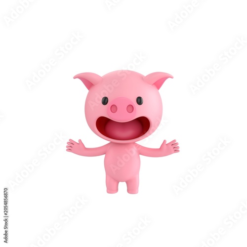 Cute 3D render Pig character standing with arms spread in a surprised reaction, isolated on white background.