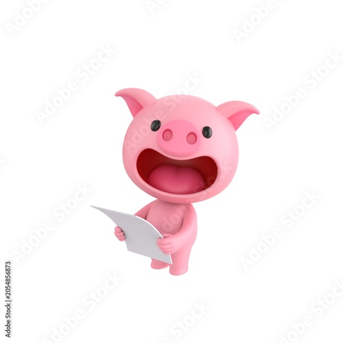 Cute 3D render Pig character standing and holding a sheet of paper, looking up toward the camera with an attentive and thoughtful expression, isolated on white background.
