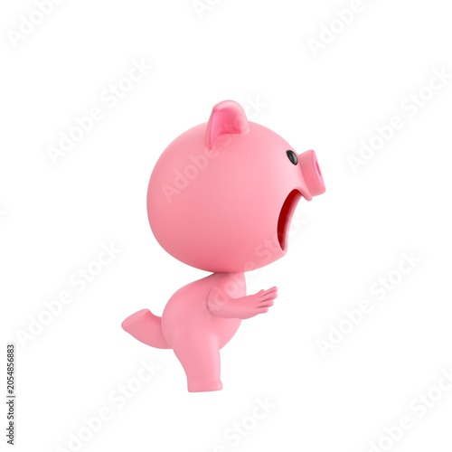 Cute 3D render Pig character stumbling and about to fall while running, side view to the camera, playful and dynamic motion pose, isolated on white background.