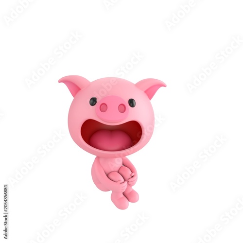 Cute 3D render Pig character sitting and hugging its knees, looking up at the camera with a gentle and thoughtful expression, isolated on white background.