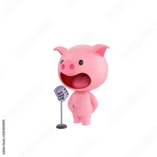 Cute 3D render Pig character standing and speaking into a microphone, confident presentation pose, isolated on white background.