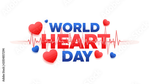 Foto World Heart Day Logo: Celebrating World Heart Day with a vibrant design featuring the words WORLD HEART DAY in bold letters, surrounded by red and blue hearts and a cardiograph line