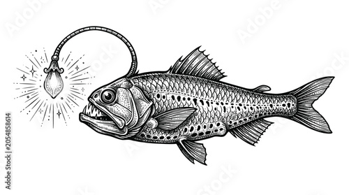 Tableau sur toile Anglerfish with Lure, Deep Sea Predator, Illustration
