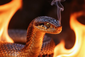 Close up of snake head emerging from fire and smoke. Serpent has yellow eyes and textured scales. Intense orange flames surround reptile. Animal shows fierce gaze ready to strike.
